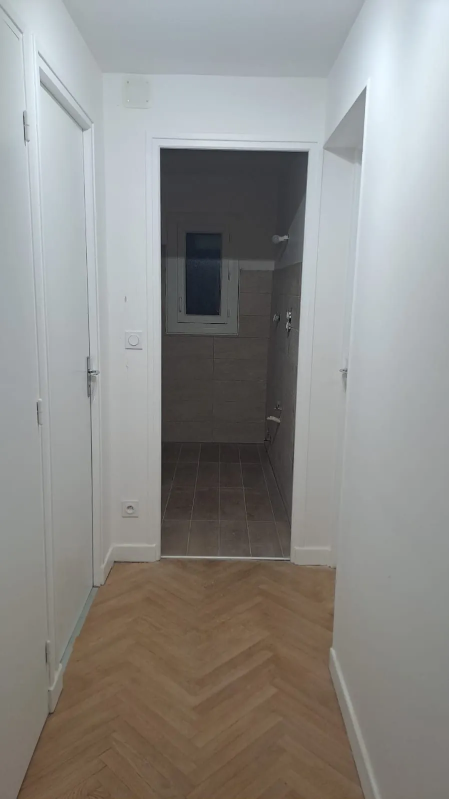 Couloir aux murs blancs, parquet en point de Hongrie et portes neuves